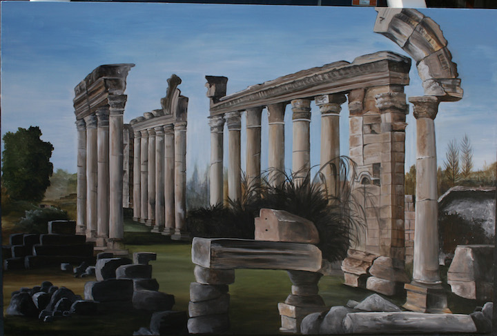 Mural of Lebanese ruins in a restaurant in Menlo Park, California