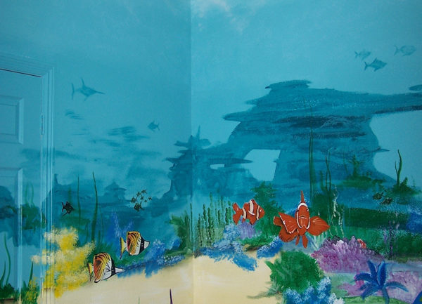 Mural of kid's playroom underwater scene