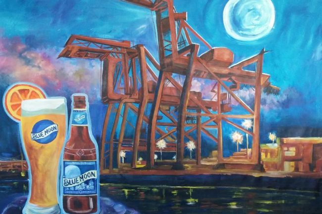 Mural of cranes for an event for Blue Moon Brewery, Oakland, California