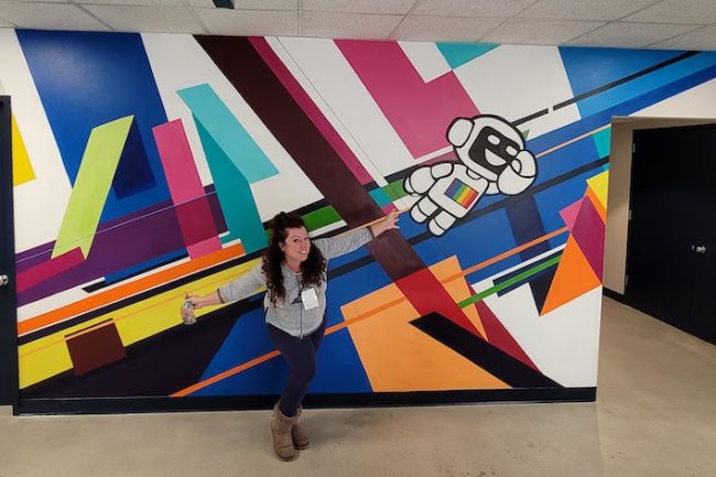 Diffbot in Menlo Park had us create this fun geometric mural at their office with a rainbow robot